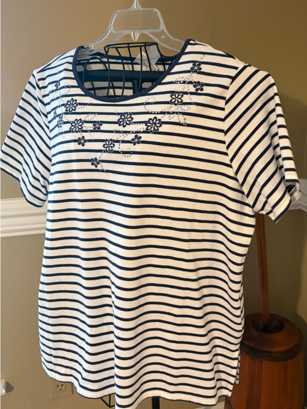 Alfred Dunner Navy and White Striped Tee with Studded Floral Accents XL
